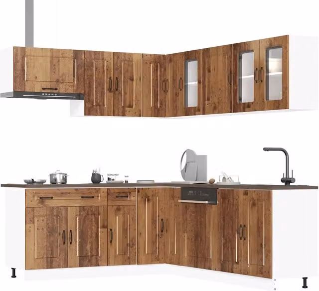 Set Mobili da Cucina Rustico ad Angolo vidaXL in Legno e Vetro Marrone 11 Pezzi
