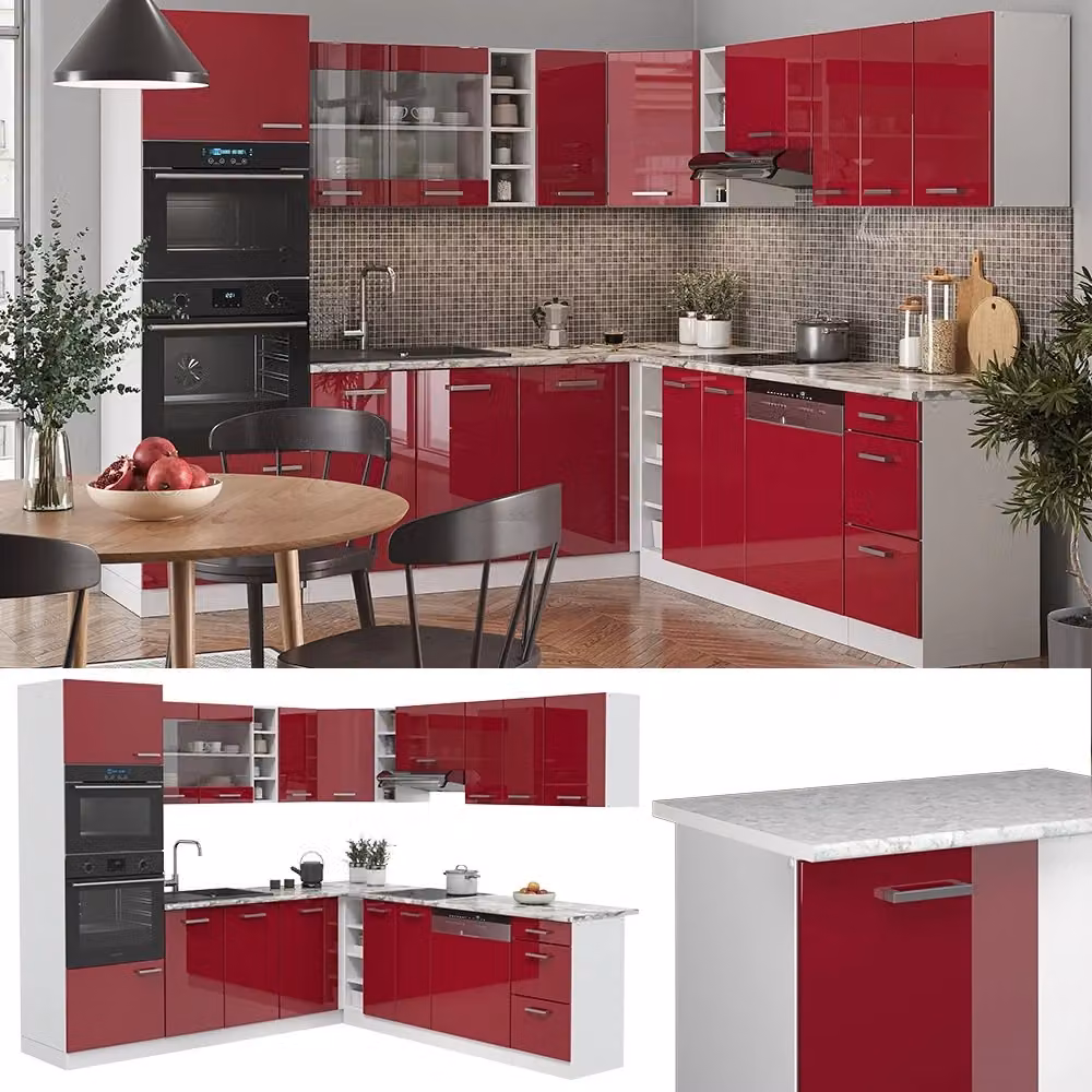 Cucina angolare moderna Vicco R-Line in rosso lucido e bianco con ante in vetro e illuminazione integrata L 247 cm x H 237 cm – 2
