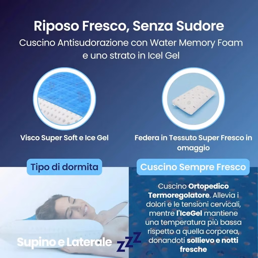 Coppia di Cuscini OlimpoFlex Poseidone in Gel Memory Foam Blu, Termoregolatori e Traspiranti, L 72 cm x P 42 cm x H 12 cm – 2