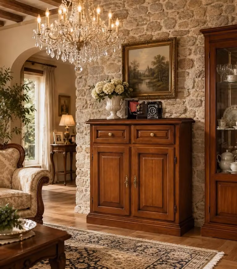 Credenza madia classica Mobili 2G con 2 porte e 2 cassetti in legno color noce L: 82 cm, P: 41 cm, H: 84 cm