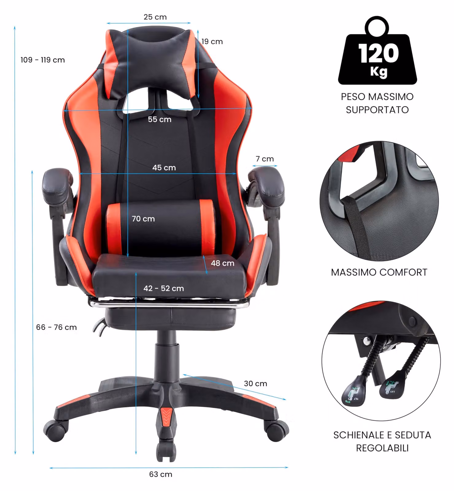 Sedia da gaming ergonomica, rivestita in ecopelle, con una capacità di carico di 125 kg, dotata di braccioli regolabili, ideale per l'uso in cucina