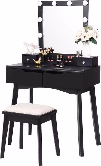 Tavolo per trucco con specchio illuminato e cassettiera - Nero