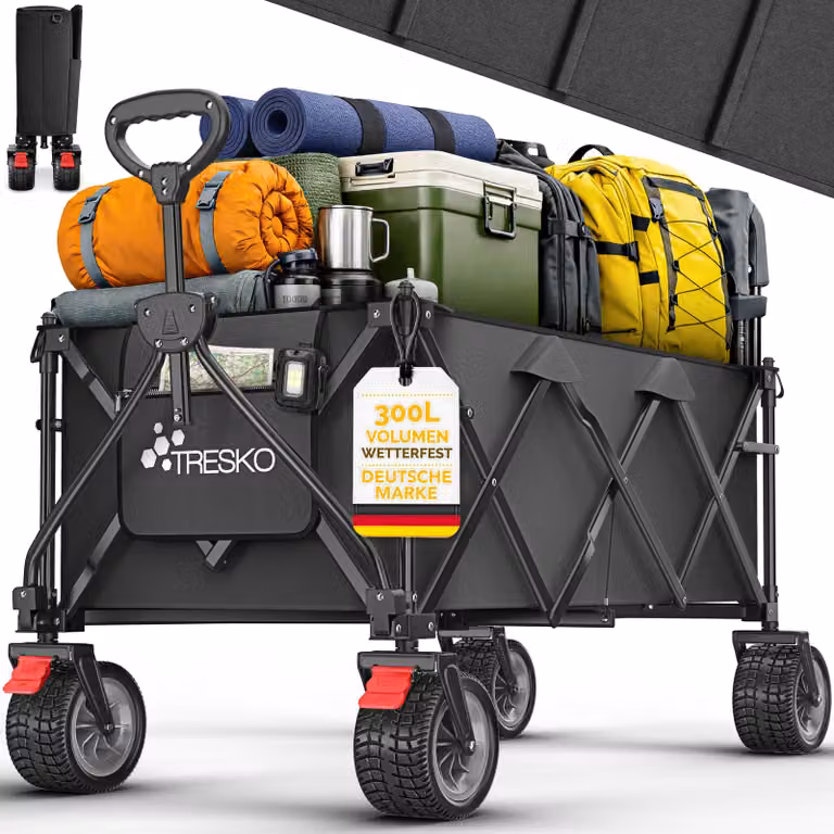 Carrello pieghevole TRESKO® da 300 litri con freno, nero | Carrello a mano pieghevole con portata di 150 kg, dotato di ruote in gomma piena | Carrello da spiaggia pieghevole con ruote fuoristrada extra larghe | Carrello da giardino e da trasporto con bors
