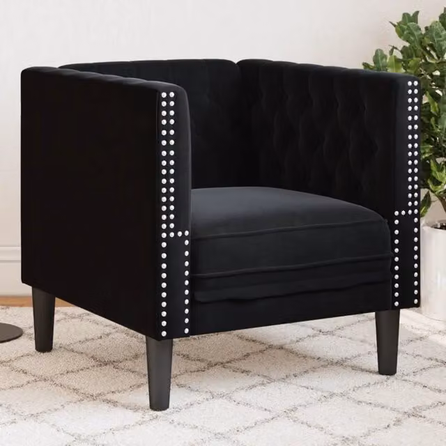 Poltrona Chesterfield nera in velluto vidaXL con struttura in legno massiccio e braccioli