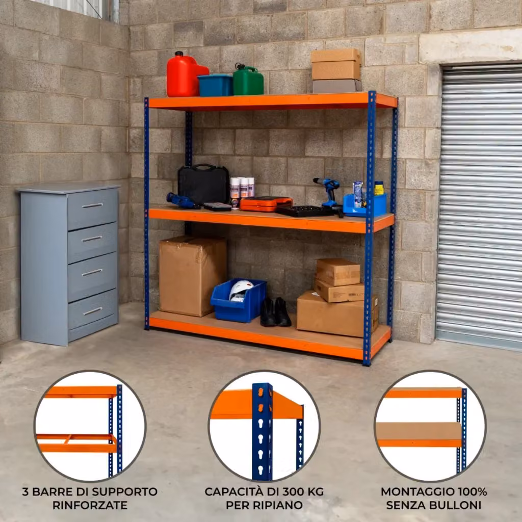 Scaffalatura S-Rax a 3 ripiani in acciaio blu e arancione resistente fino a 300kg per magazzino e officina H: 180 cm, L: 60 cm, P: 39,85 cm – 2