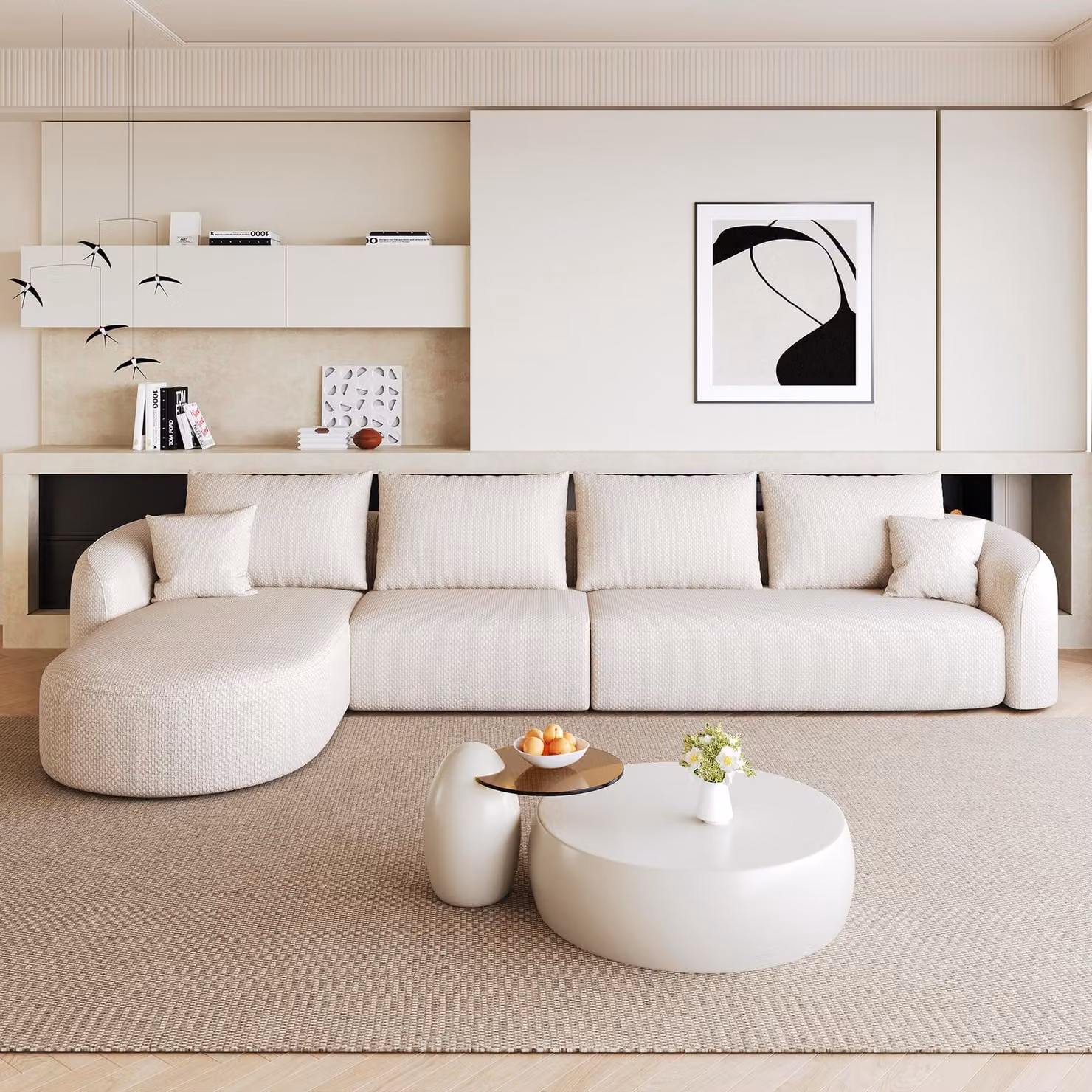Divano angolare MODFU a forma di L, divano modulare a 3 posti con chaise longue sinistra, dimensioni 336 x 168 x 85 cm, divano componibile senza montaggio, divano letto per soggiorno, colore bianco