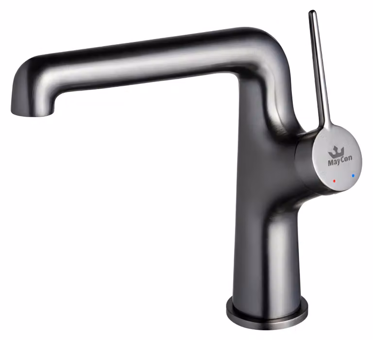 Miscelatore monocomando per lavabo, in ottone massiccio, finitura spazzolata, colore gunmetal, modello alto