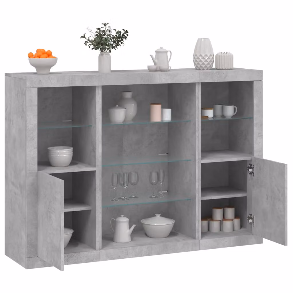 Set di 3 credenze moderne vidaXL con luci LED integrate in legno multistrato, colore grigio cemento