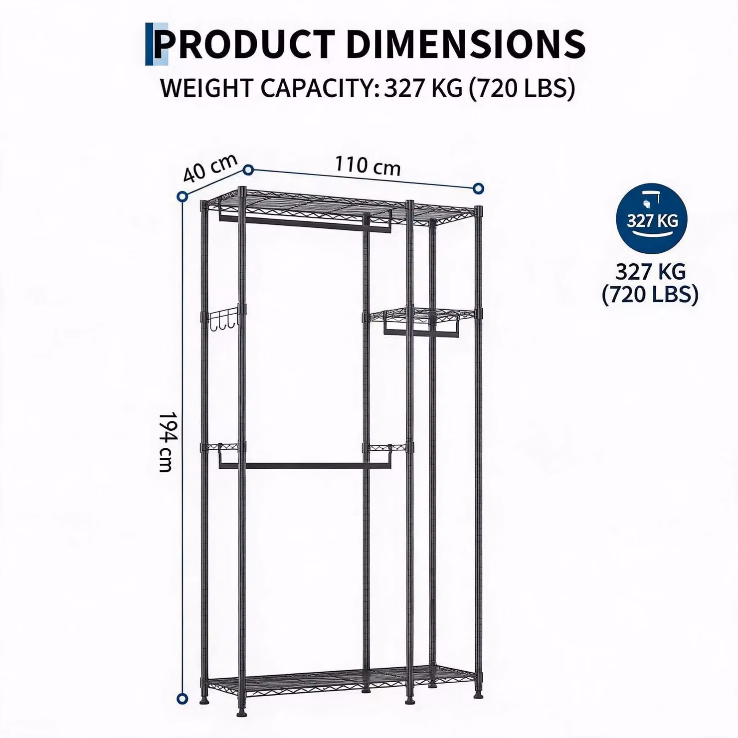Armadio rivestito in tessuto - Appendiabiti - 110 x 40 x 194 cm - 3 cassetti - Struttura in metallo - Rivestimento in tessuto - Capacità di carico: 300 kg - Colore: nero