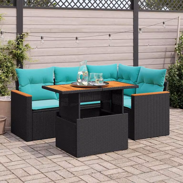 Set da giardino vidaXL a forma di L composto da 5 pezzi con cuscini blu e struttura in polyrattan nero e acciaio con tavolino da esterno