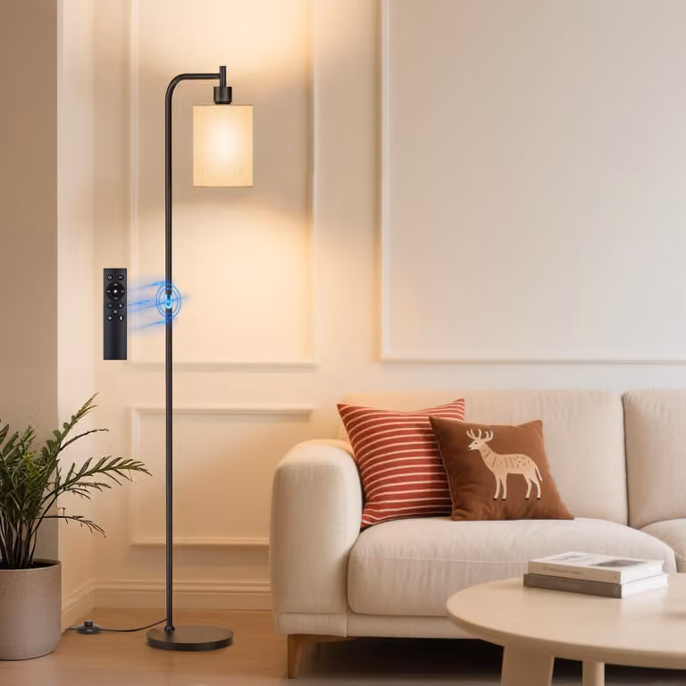 Lampada da terra dimmerabile con paralume in lino, lampada da terra a LED con telecomando e 3 temperature di colore