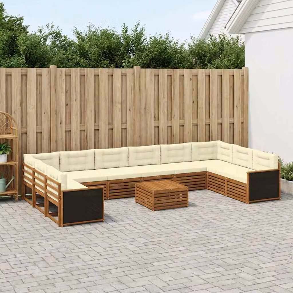 Set di divani da giardino vidaXL in legno di acacia massello marrone e beige con 11 pezzi e cuscini inclusi