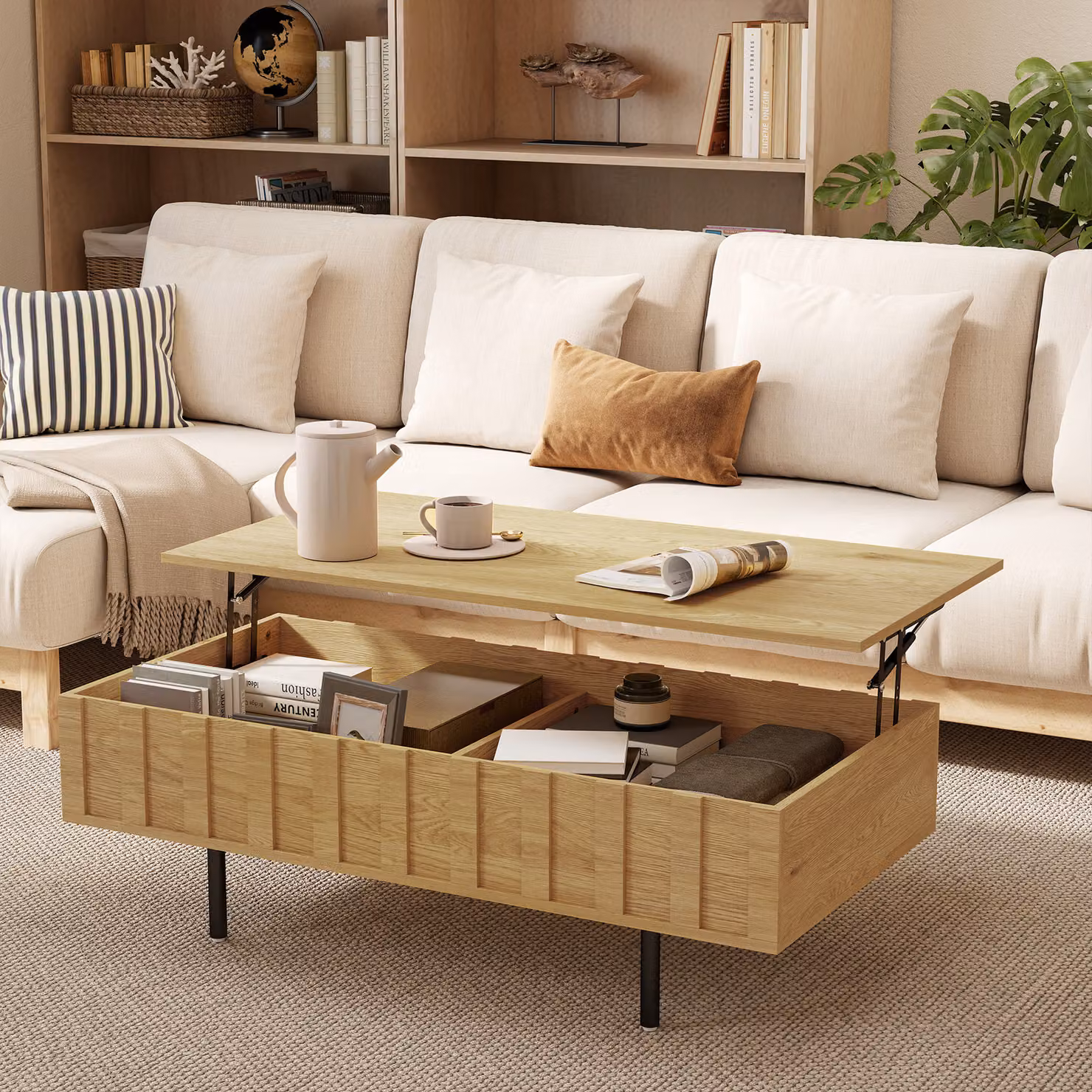 Tavolino sollevabile HOMCOM in legno rovere con 2 vani nascosti e lati zigrinati, colore marrone – 2
