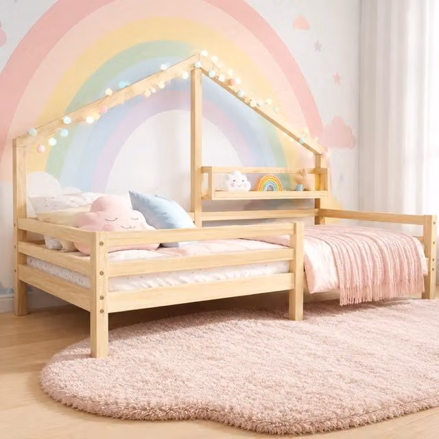 Letto a Casetta per Bambini 90x200 cm con Ripiano, in Legno di Pino Naturale Stile Scandinavo