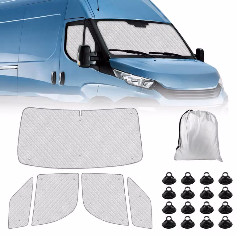 Set da 3 pezzi per parasole anteriore, compatibile con Iveco Daily dal 2014 al 2025. Include una protezione termica in alluminio pieghevole