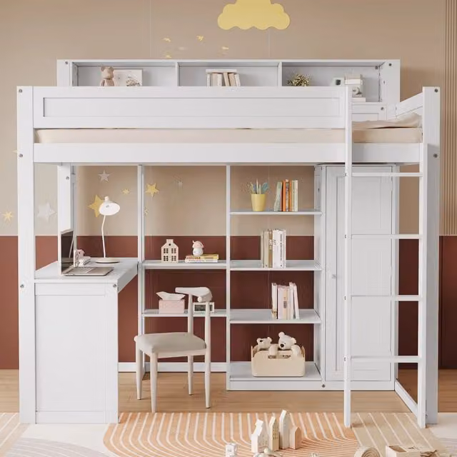 Letto a castello con tavolo armadio ¨C Minimal ¨C bianco pino MDF 90x200cm