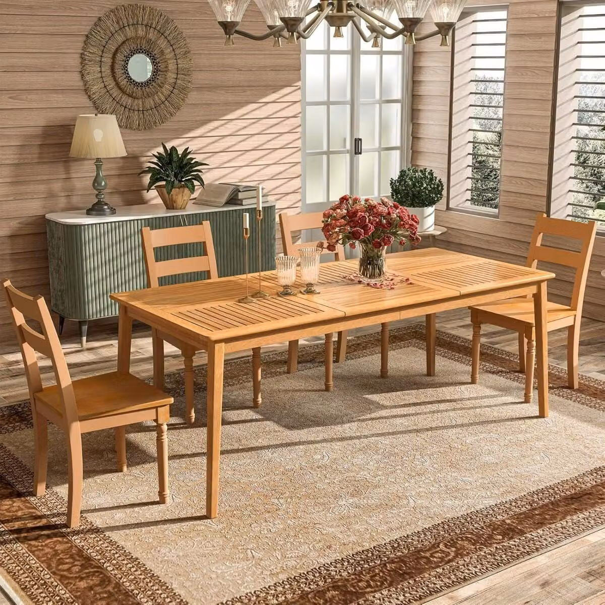 Set da pranzo esterno Costway in legno di acacia marrone con tavolo rettangolare e sedie con braccioli per giardino e terrazzo