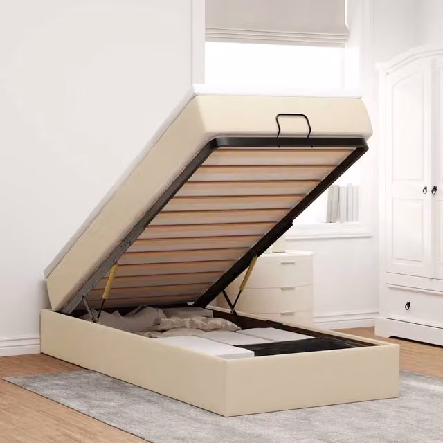 Letto con contenitore a sollevamento vidaXL in tessuto beige e bianco L: 100 cm, P: 200 cm, H: 140 cm