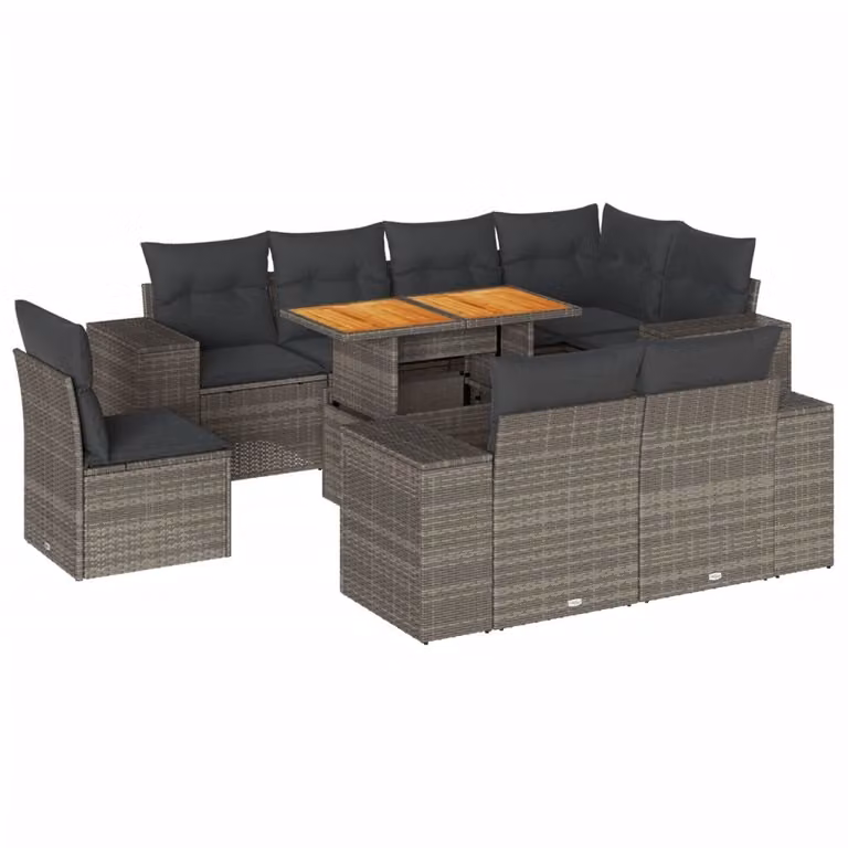 Set Divano da Giardino 9 pz con Cuscini Grigio in Polyrattan