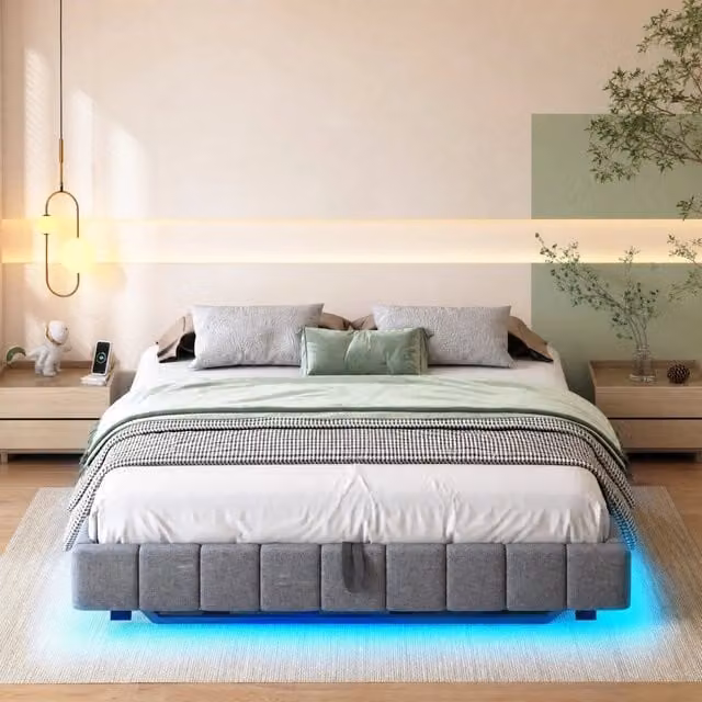 Letto imbottito sospeso 160x200 cm con contenitore e LED; grigio