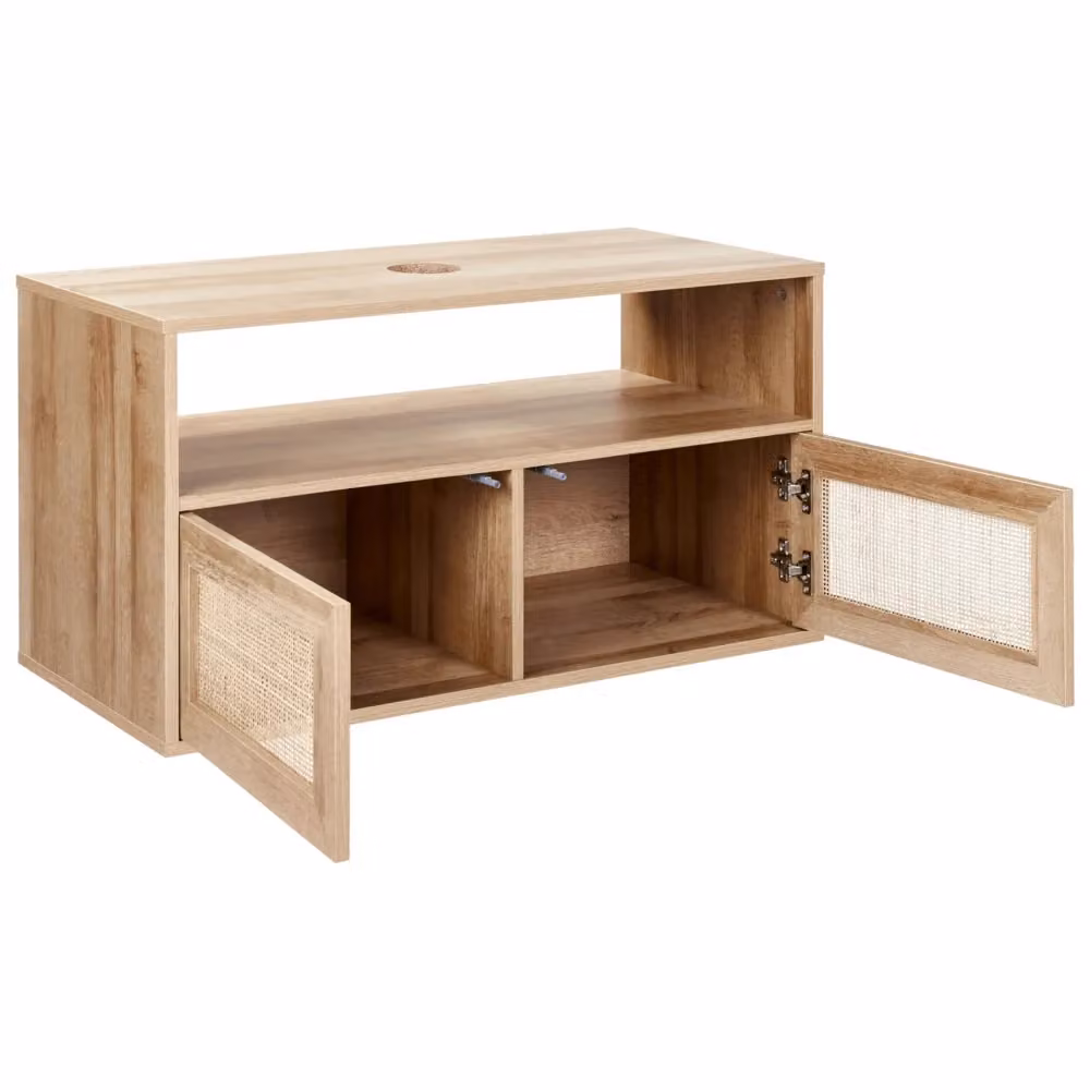 Armadietto da bagno sospeso BELIANI in legno e rattan beige con design Boho, L: 86 cm, P: 45 cm, H: 40 cm – 2