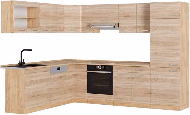 Cucina angolare moderna Vicco R-Line in rovere dorato con ante a vetro e illuminazione integrata L: 287 cm, P: 227 cm