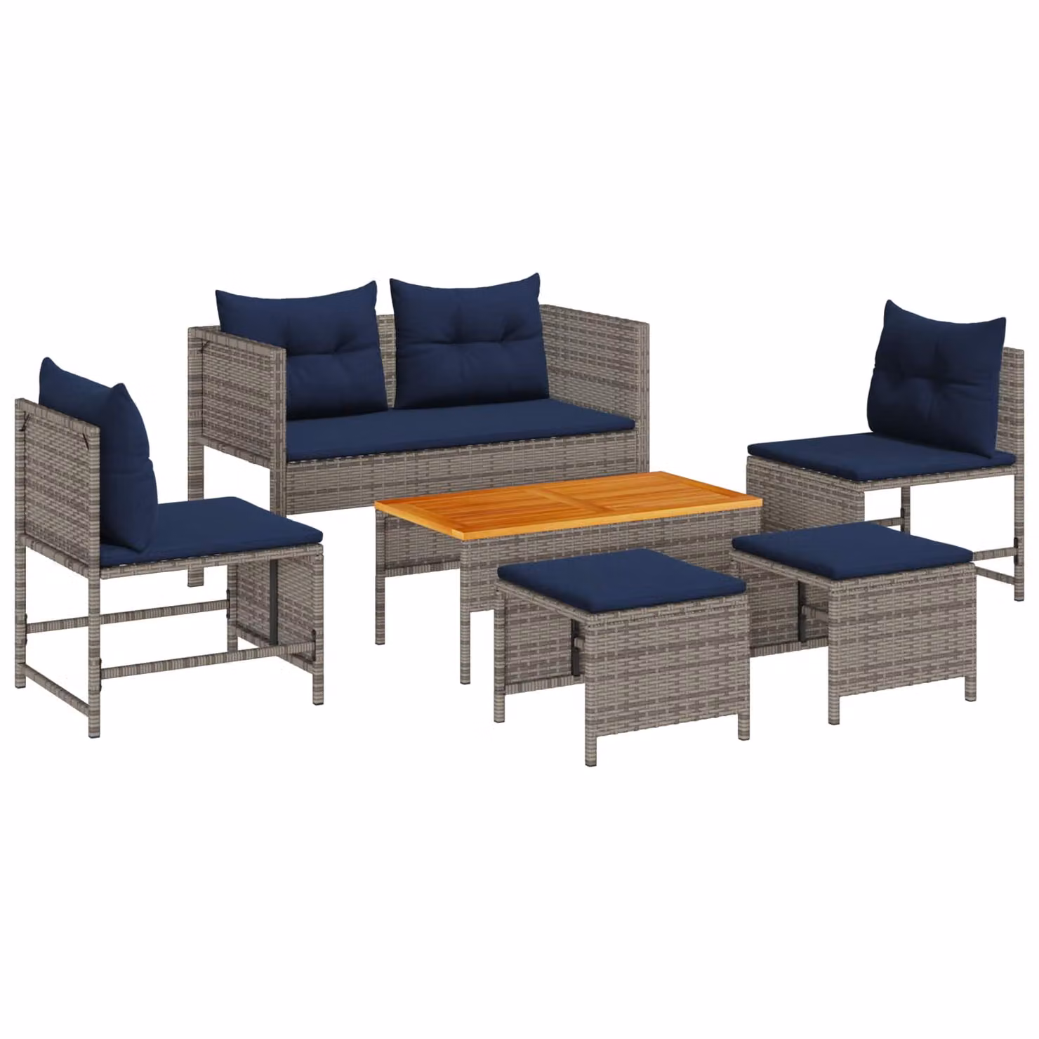 Set Divano da Giardino vidaXL 6 Pezzi in Polyrattan Grigio e Blu Navy con Cuscini e Tavolino