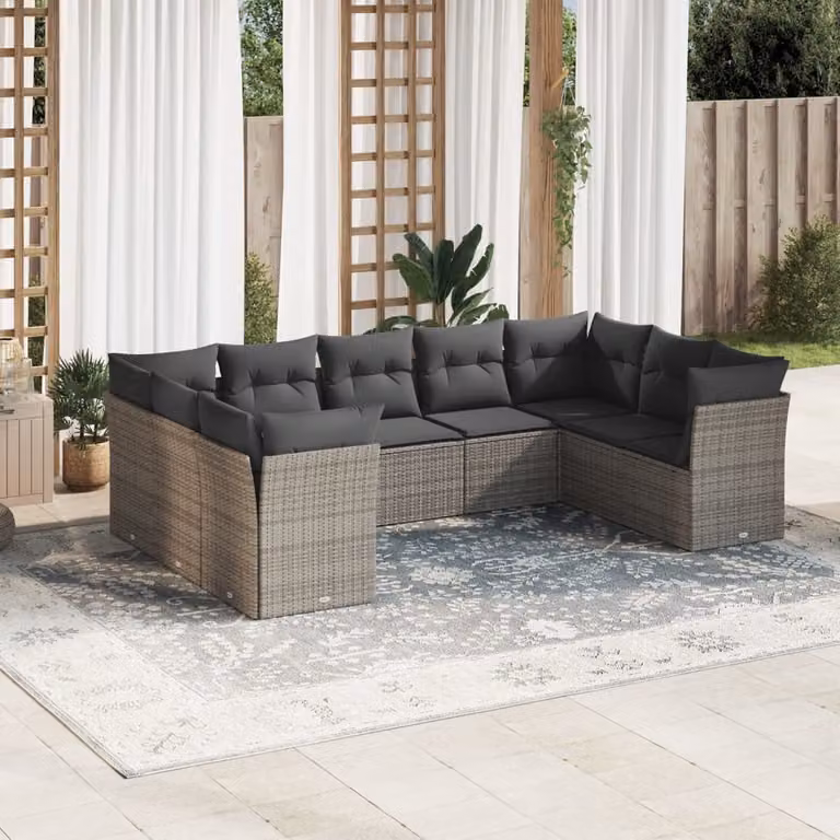 vidaXL Set Divano da Giardino a L 9 pz con Cuscini Grigio in Polyrattan e Struttura in Metallo