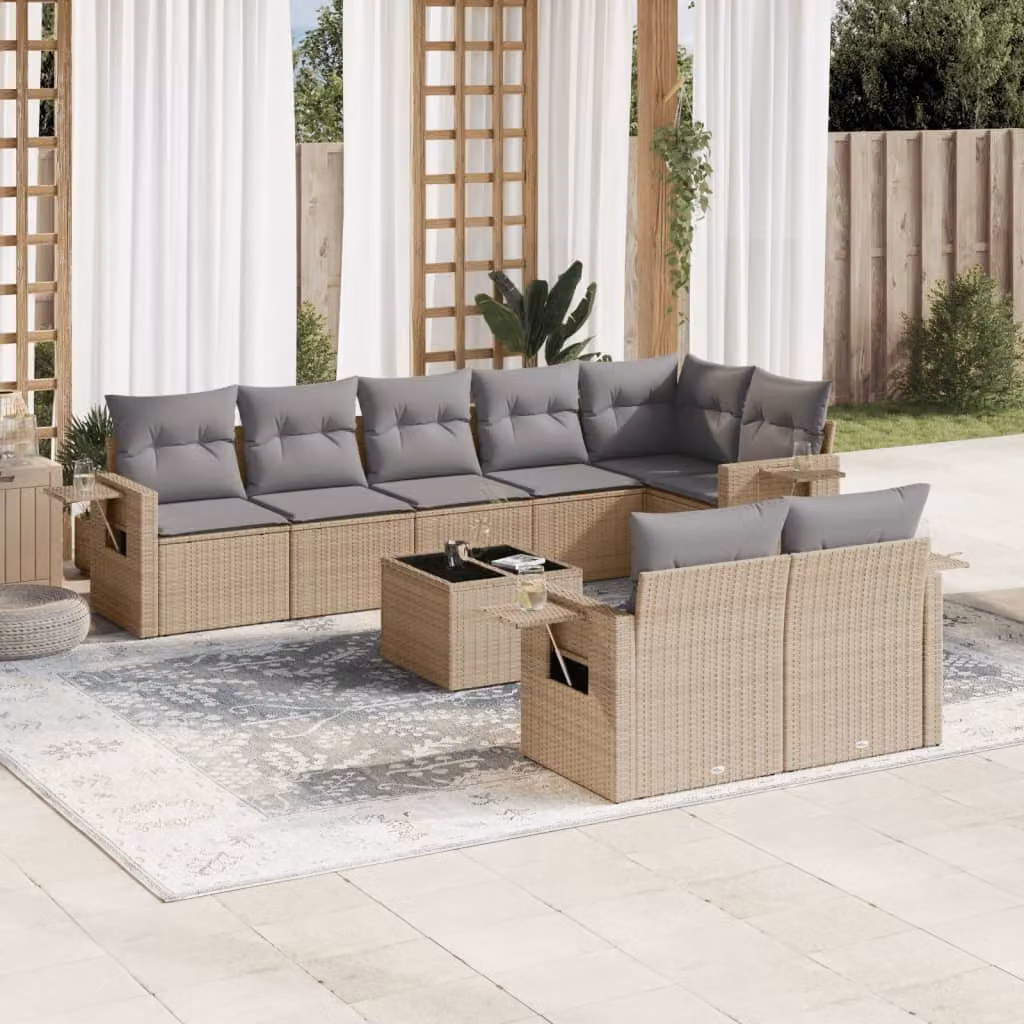 vidaXL Set Divano da Giardino 9 pz a Forma di L in Polyrattan con Cuscini Beige e Tavolino da Esterno – 1