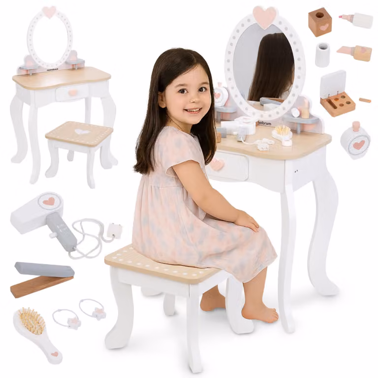 Tavolino da toilette in legno con sgabello e accessori