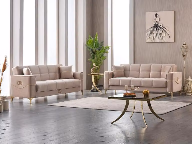 Gruppe Dreisitzer Couch Polstersofa Stoffsofa 3 Sitzer Sofa Beige 2tlg