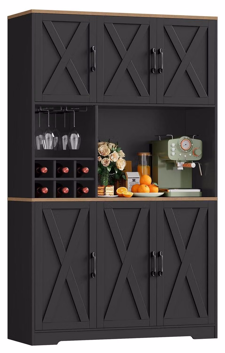 Mobiletto da cucina/Credenza buffet, 106x180 cm, nero. Credenza con 6 ante, portaoggetti per bottiglie e bicchieri