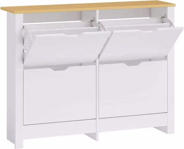 Scarpiera salvaspazio bianca con 4 ante a ribalta e ripiani interni, design minimalista, L: 105 cm, P: 26 cm, H: 80 cm