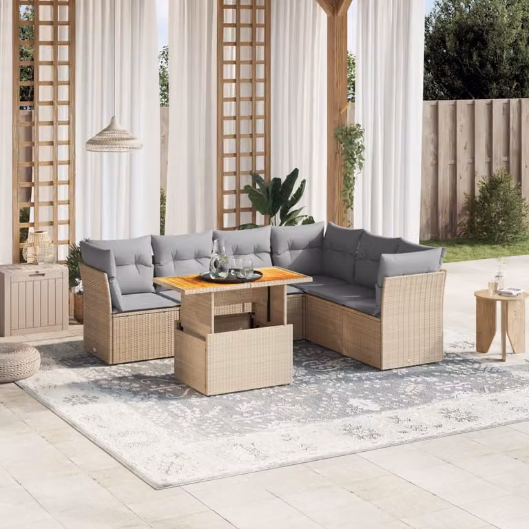 vidaXL Set Divani da Giardino 7 pz in Polyrattan con Cuscini Beige e Tavolino da Caffè