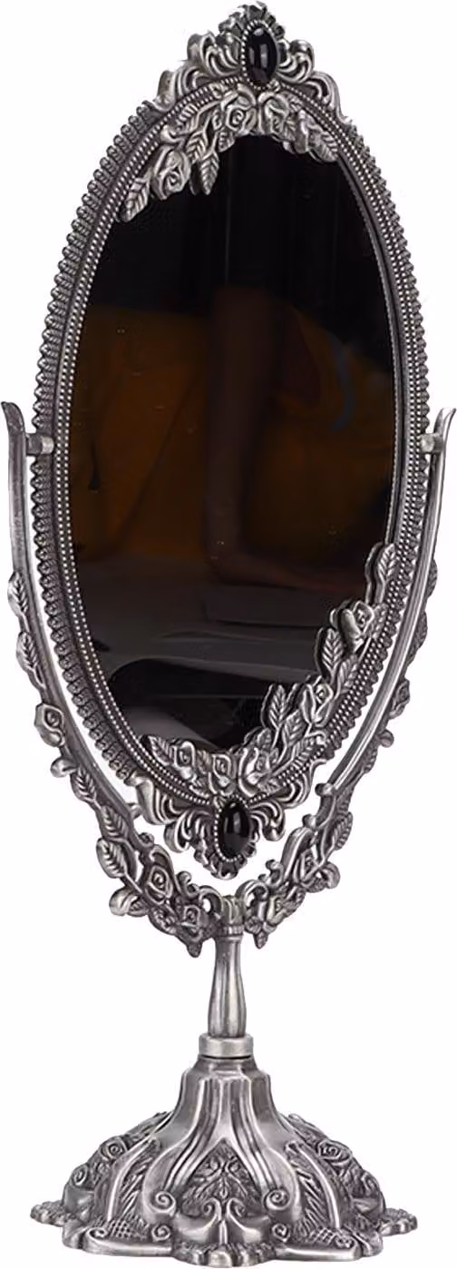 Specchio per il trucco vintage a due pezzi in lega di zinco mano durevole per il bagno da tavolo (piccolo)
