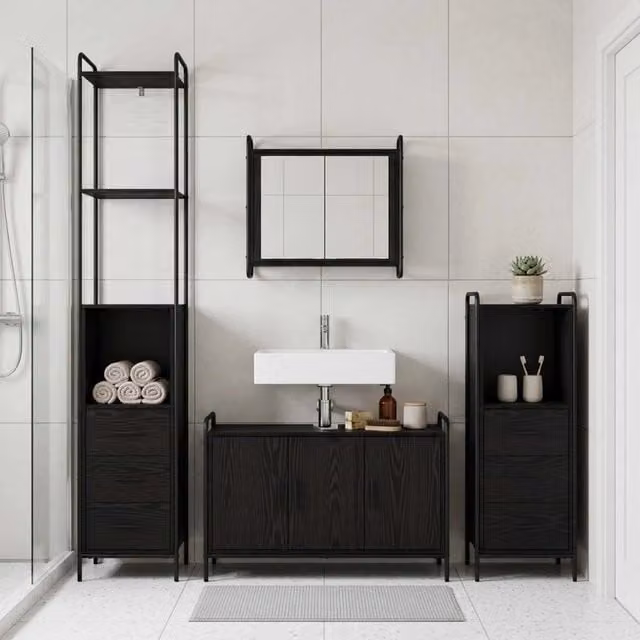 Set di Armadi da Bagno 3 pz Rovere Nero 40 x 36 x 200,5 cm 3444573