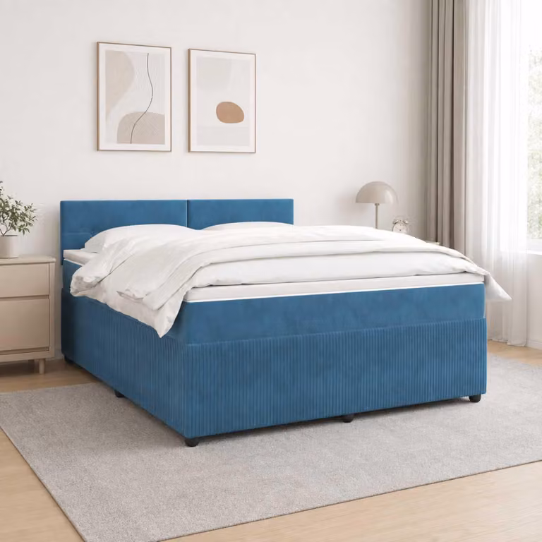 Letto a molle con materasso e testiera blu, 160 x 200 cm, rivestito in velluto