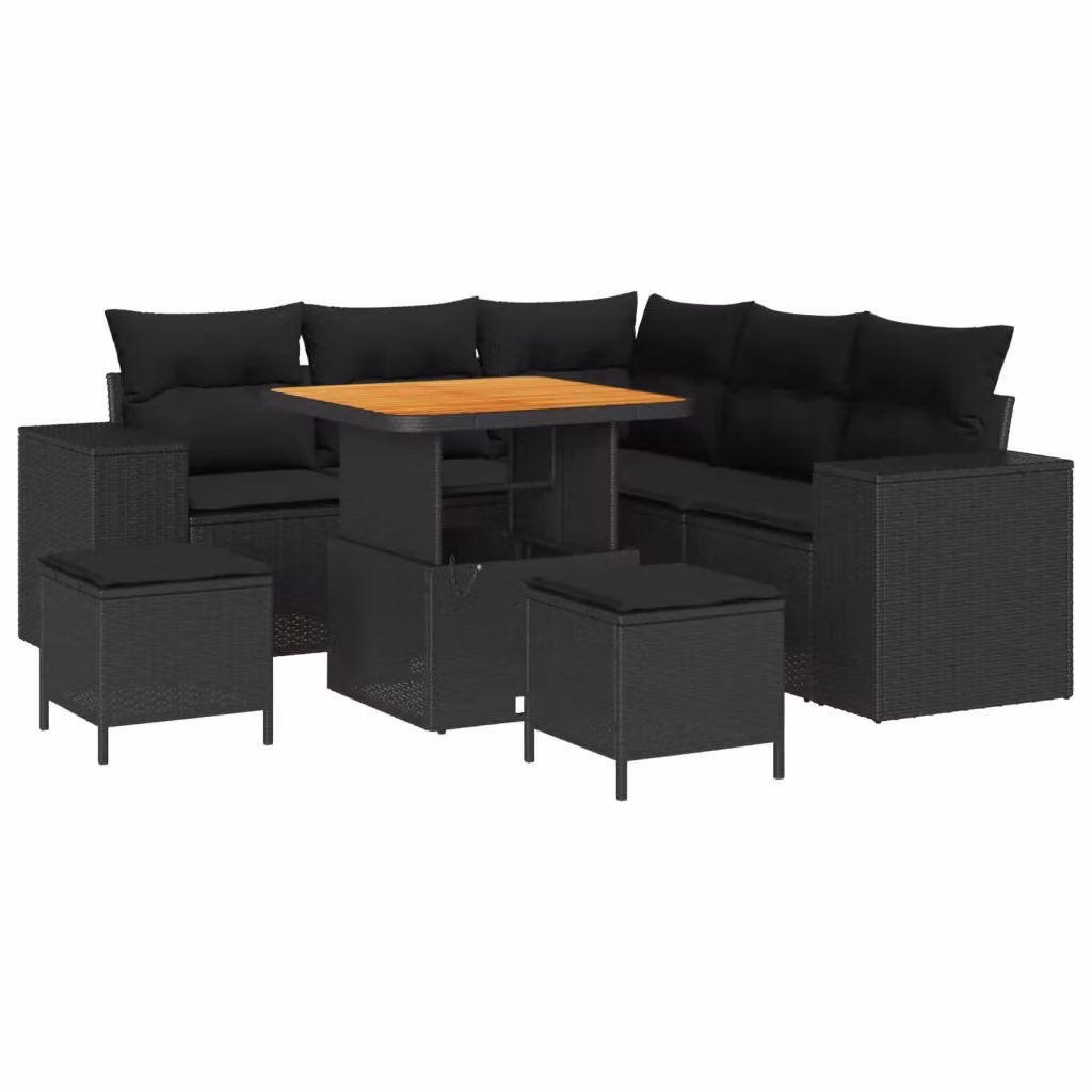 Set Divano da Giardino vidaXL 8 Pezzi L-Shape Nero con Cuscini e Tavolino da Caffè in Polyrattan e Acciaio – 2