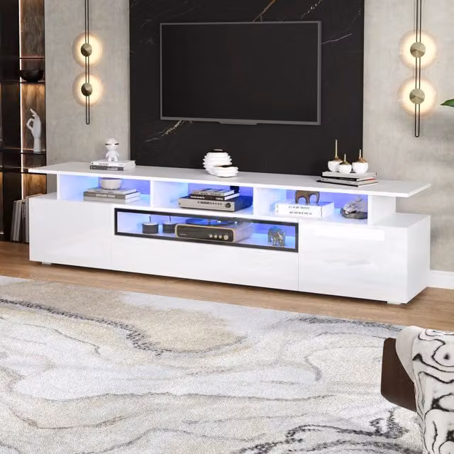 Mobile porta TV con LED da app, 2 ante e 1 cassetto, per soggiorno, in truciolare bianco lucido, 180 × 38 × 45 cm
