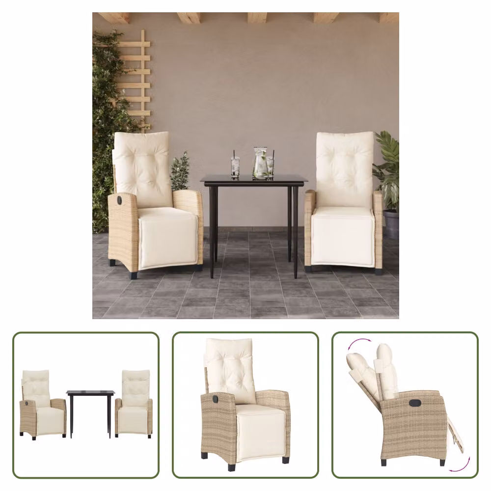The Living Store Set da pranzo da giardino 3 pezzi con cuscini Beige poly rattan