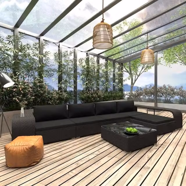 Set da giardino moderno vidaXL composto da 8 pezzi con divani a L, pouf e tavolino da caffè in rattan nero e struttura in metallo con cuscini inclusi – 1