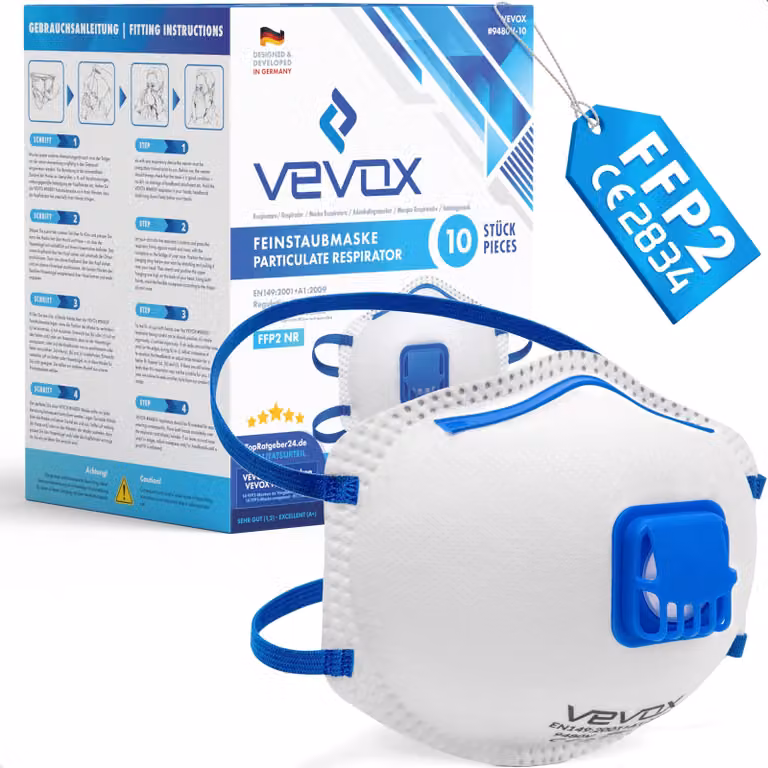 Maschera VEVOX® FFP2 con valvola - set da 5, 10 o 20 - maschera antipolvere - respiratore - maschera antipolvere - maschera per polveri sottili - protezione respiratoria