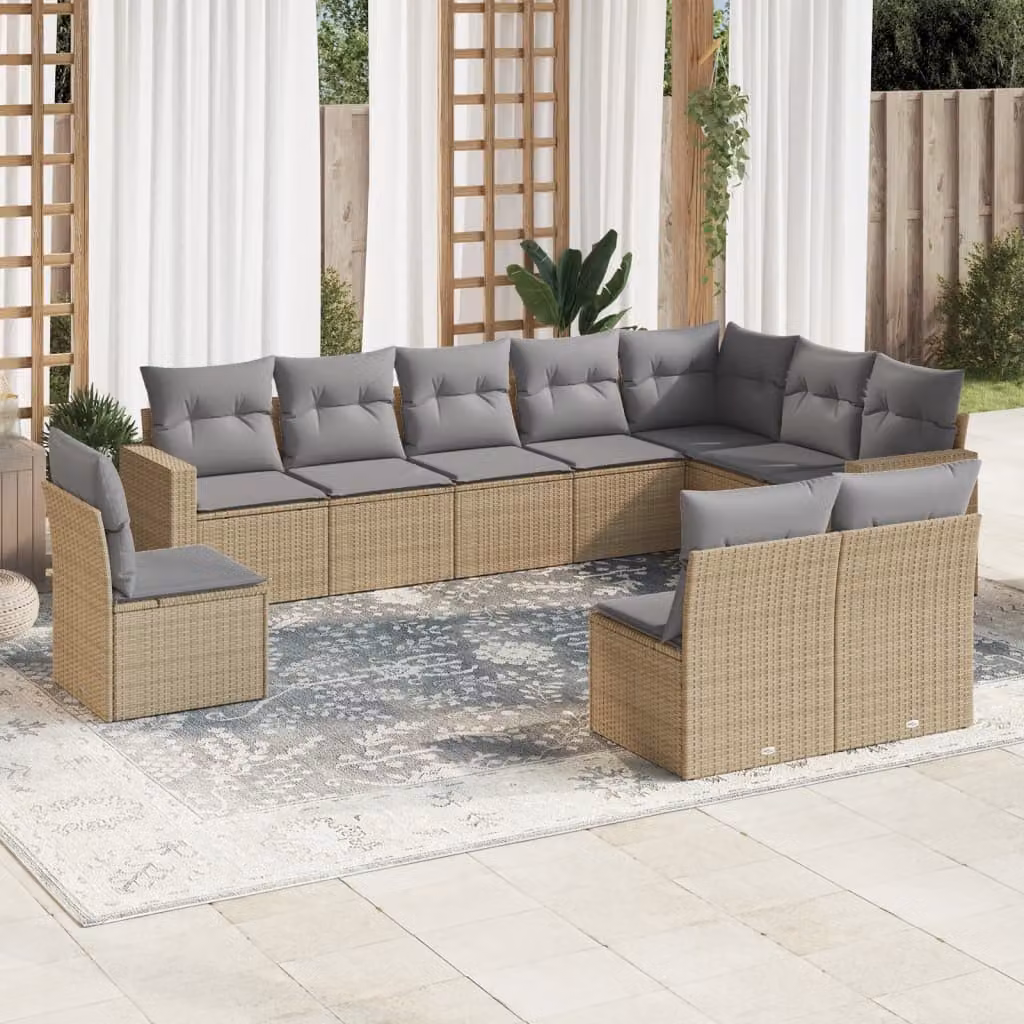 vidaXL Set Divano da Giardino 10 pz in Polyrattan con Cuscini Beige e Grigio