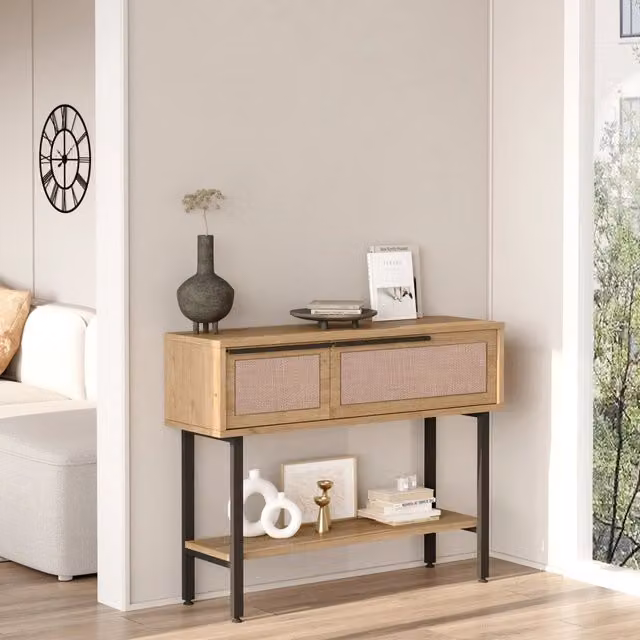 Tavolo Consolle Kvænangen en.casa con Scomparti Chiusi e Ripiano, Effetto Rovere e Rattan, L/P/H: 100 x 30 x 76 cm