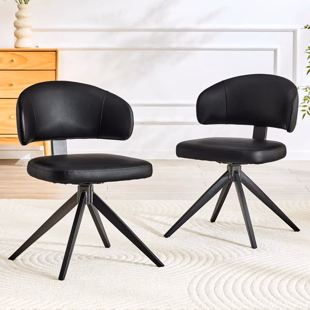 Set di 2 sedie da sala da pranzo OKWISH girevoli a 360 gradi con seduta imbottita in ecopelle nera e struttura in metallo nero – 2
