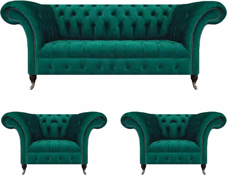 Wohnzimmer Set Komplett 3tlg Grün Sofagarnitur Textil Polstersofa Chesterfield