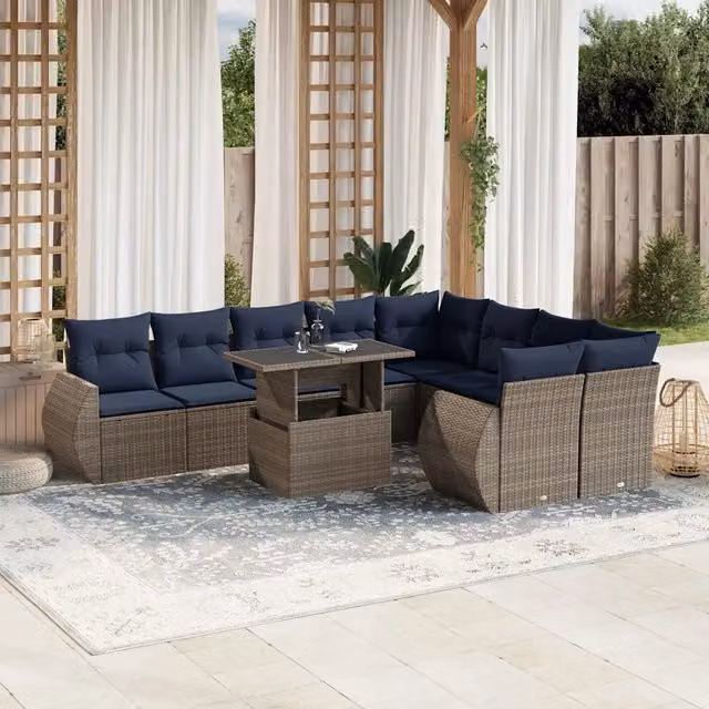 Set da giardino moderno vidaXL composto da 10 pezzi con divani ad angolo a L, tavolino da caffè e cuscini grigi e blu in polyrattan e metallo – 1