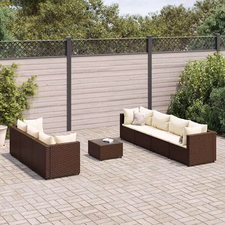 vidaXL Set Divani da Giardino 8 pz a Forma a L con Cuscini e Tavolino, Polyrattan Marrone e Bianco