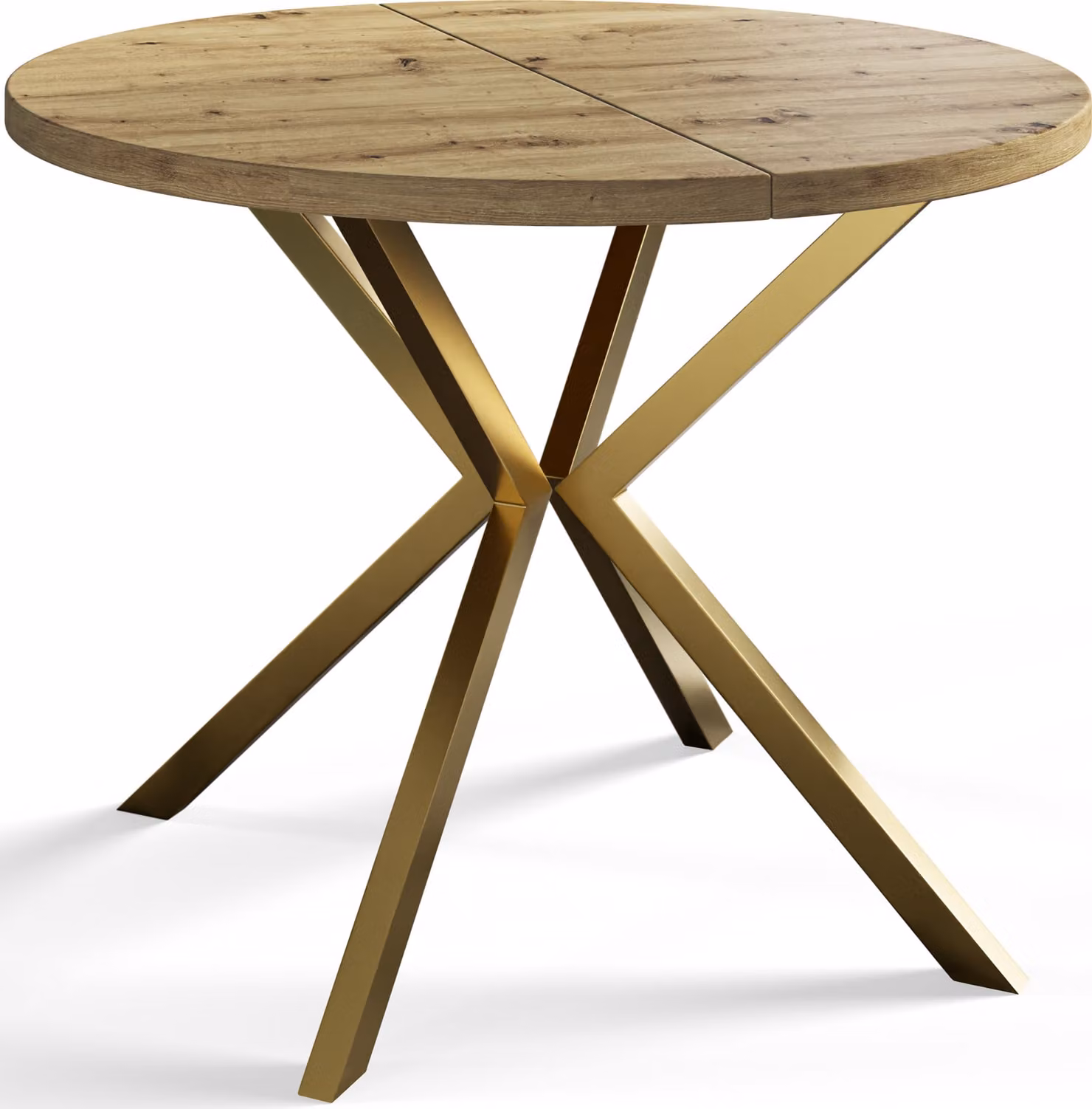 Tavolo rotondo per sala da pranzo LOFT LITE, diametro tavolo allungabile: 90 cm/170 cm, colore tavolo da soggiorno: marrone opaco, con gambe in metallo color oro