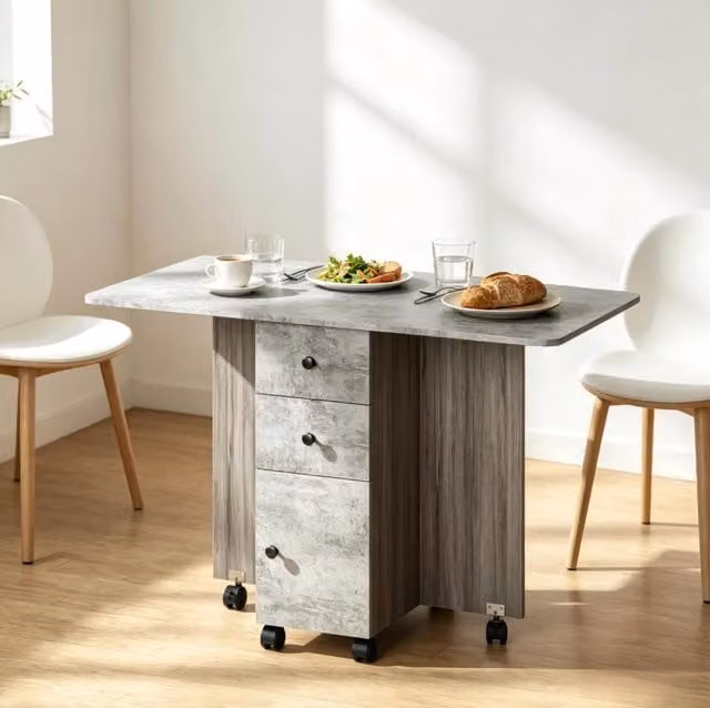 Tavolo da Pranzo Pieghile Grigio in Truciolato con Cassetti e Ruote, Compatto e Multifunzionale